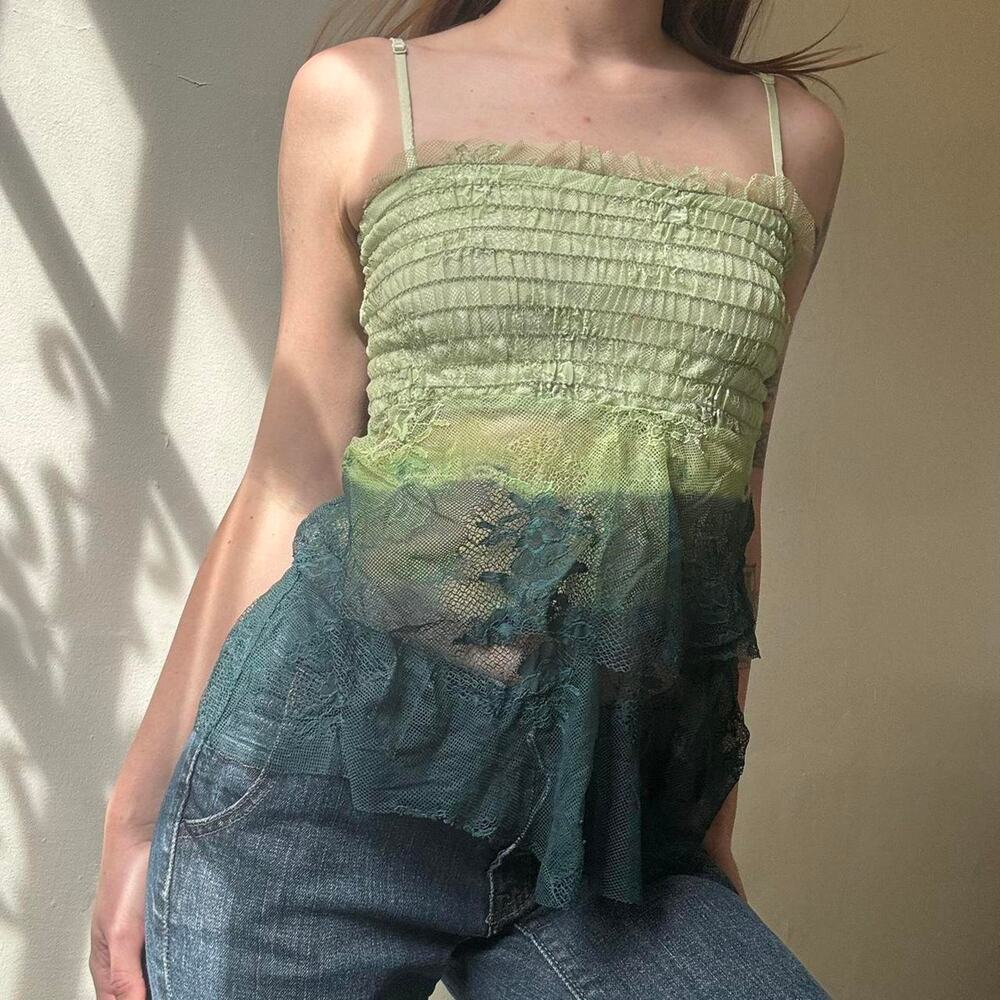 Vintage Arden B. Green Ombré Fairycore Lace Tank XS Y2K Western Fairy Summer